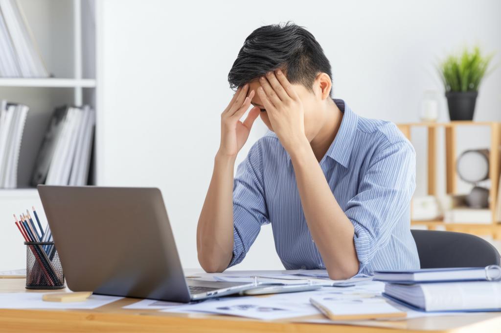 A stressed young professional in Singapore, looking tired and overwhelmed at their desk, surrounded by paperwork and a laptop. ai prompt: stressed young professional singapore burnout desk paperwork laptop