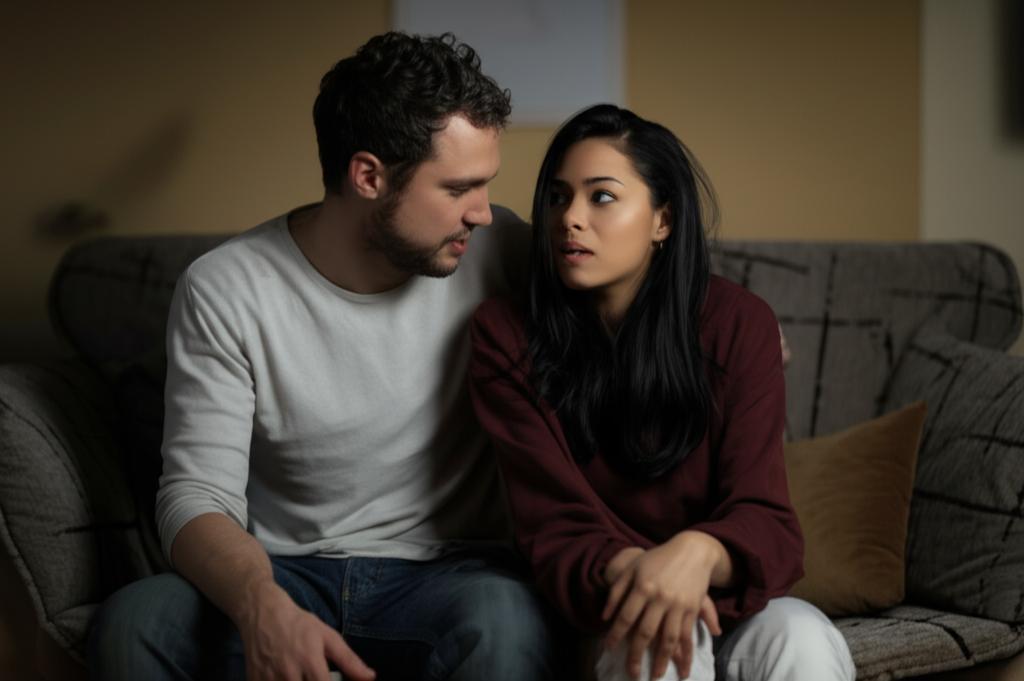 A couple sitting on a couch, looking at each other with concern, a dim light shining on them.