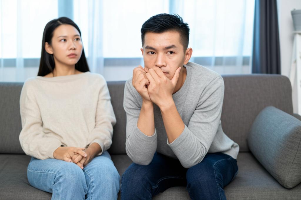 AI prompt: A man and woman sitting on a sofa in a living room, looking slightly distant and pensive, conveying a sense of quiet anxiety in a relationship setting. Soft, muted lighting.