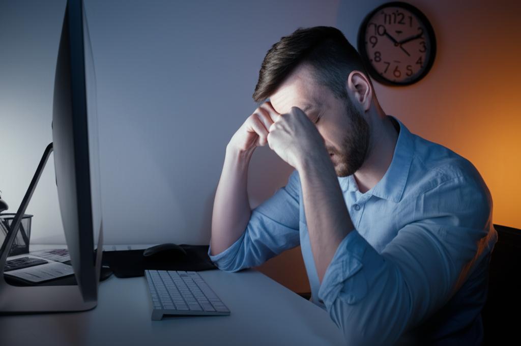 AI prompt: A tired man sitting at a computer late at night, rubbing his eyes, with a clock showing late hours in the background. The scene should evoke feelings of exhaustion and pressure.