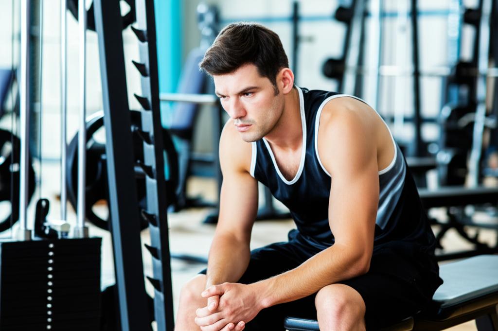 A man in his early thirties looking tired and slightly frustrated after a workout, sitting on a bench with gym equipment in the background, contemplating his lack of energy for intimacy.