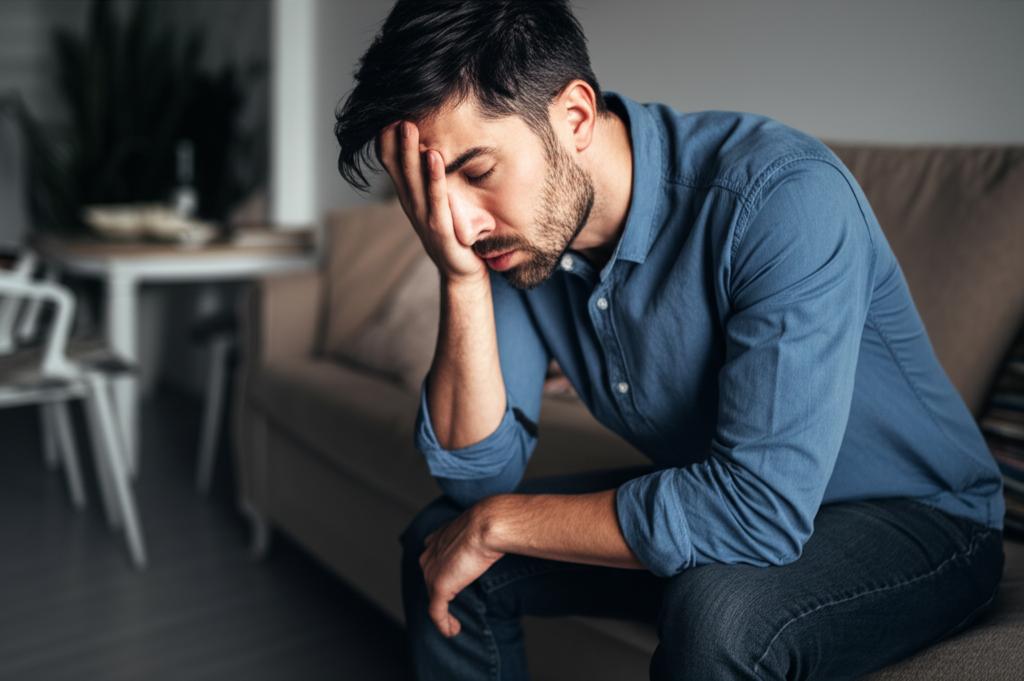 A man sitting alone looking worried and stressed, contemplating relationship issues, soft lighting, realistic photography style