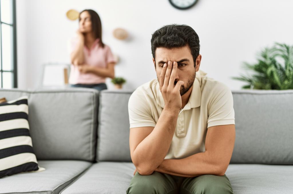 A man sitting on a sofa, looking tired and distant, while his wife is in the background looking concerned. The scene is set in a comfortable living room, conveying a sense of marital disconnect.