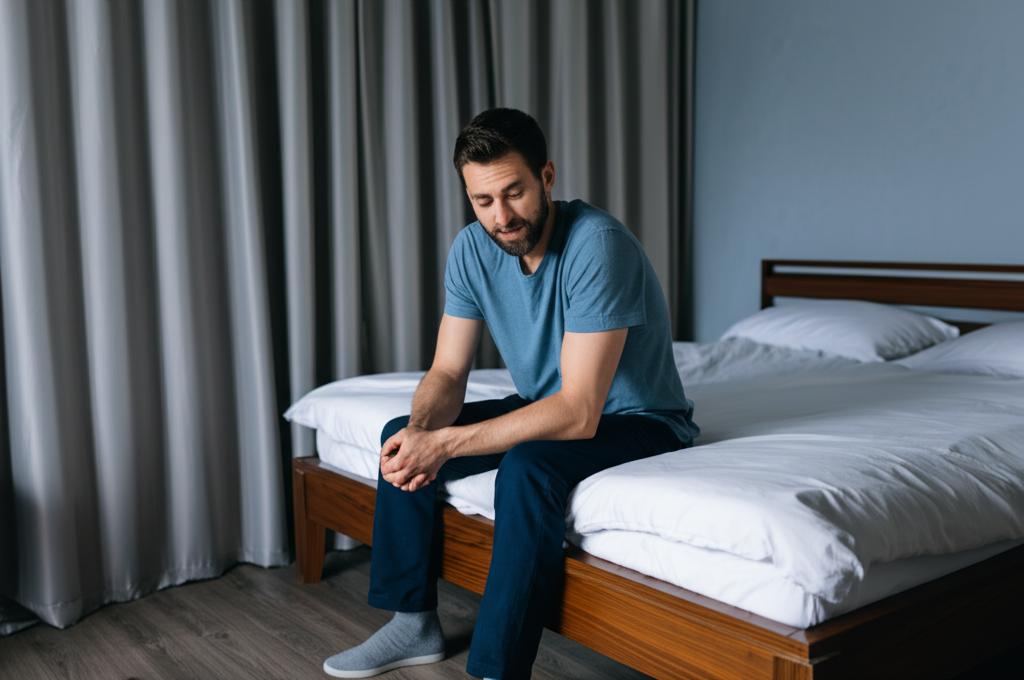 A man sitting on the edge of a bed looking thoughtful or frustrated, representing low confidence or stamina issues. Soft, dim lighting.