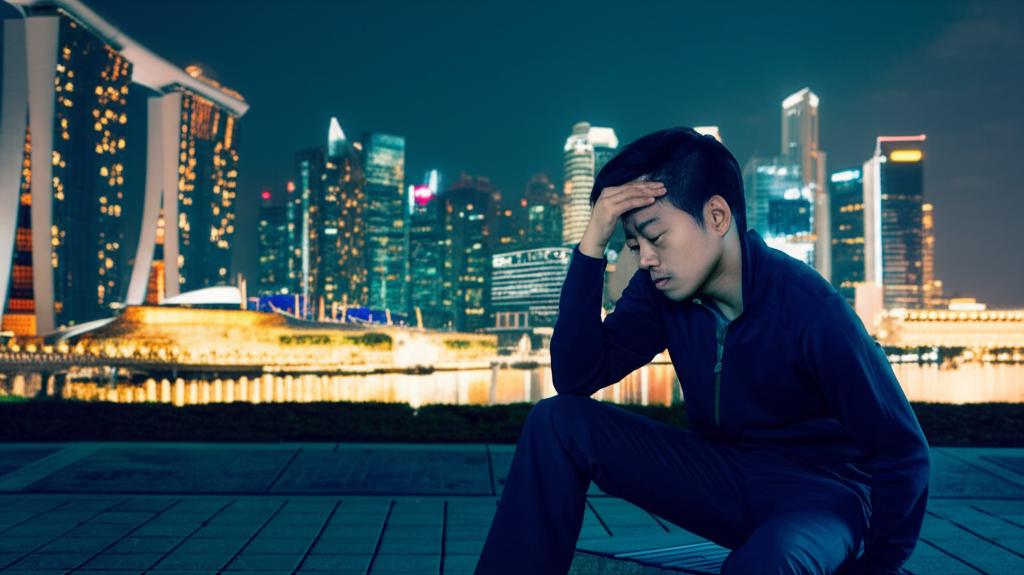 A man sitting alone, looking stressed, with city lights in the background, representing the pressure of modern life in Singapore.