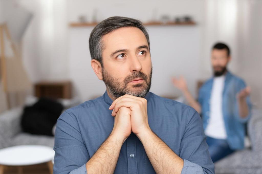 A middle-aged man looking concerned, reflecting on relationship challenges.