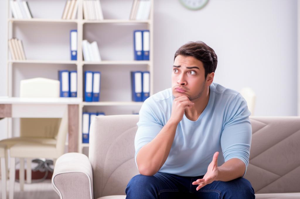 A young man looking frustrated and concerned, sitting alone in a room, thinking about intimacy issues.