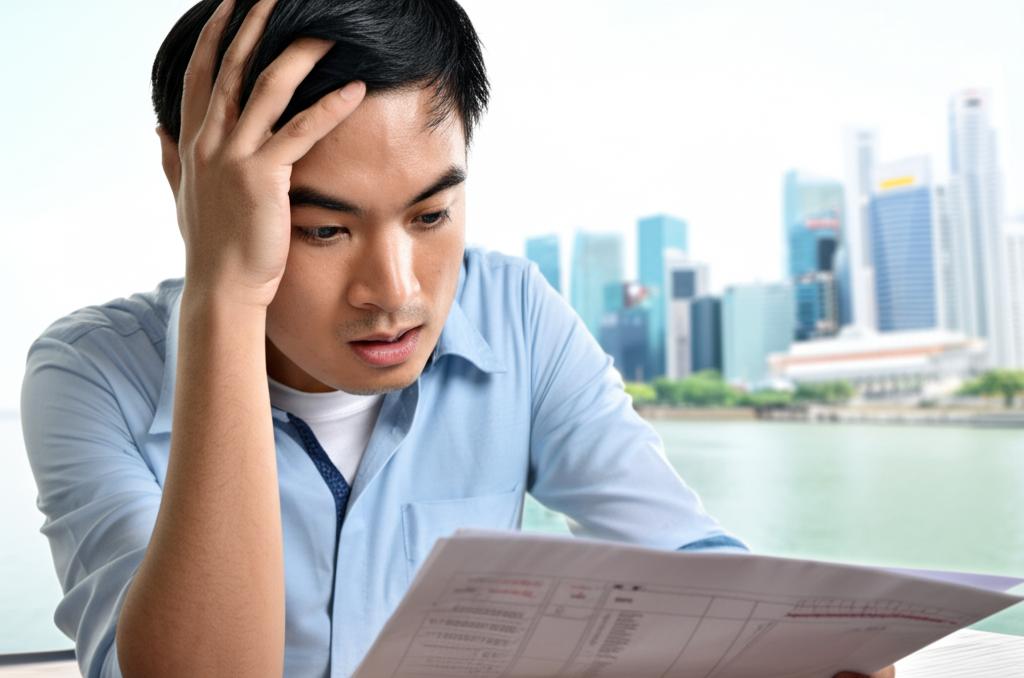 Worried man looking at his health report, concerned expression, Singapore skyline in the background.