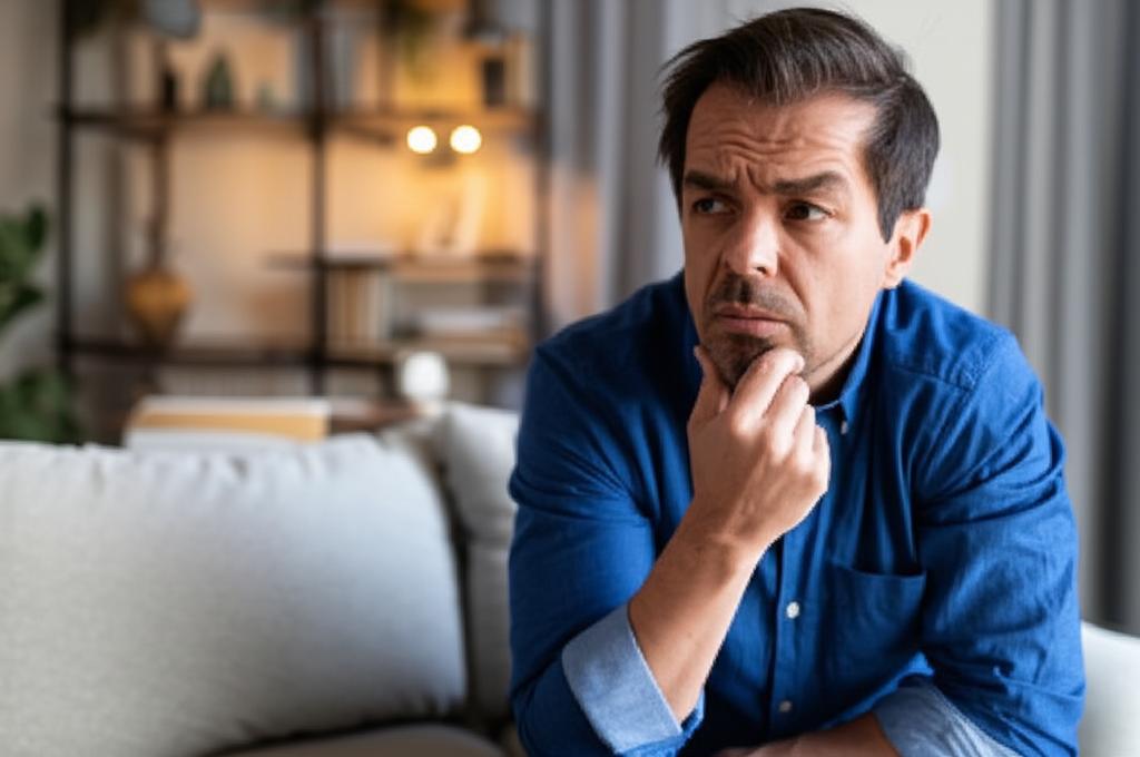 Middle-aged man looking concerned, sitting alone, thinking about relationship stress and performance anxiety, soft lighting