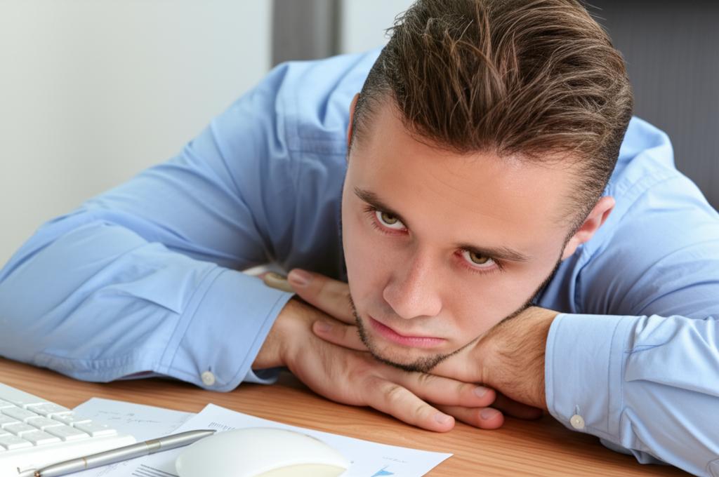 ai prompt: exhausted male office worker slumping at desk, feeling tired, low energy, realistic photo