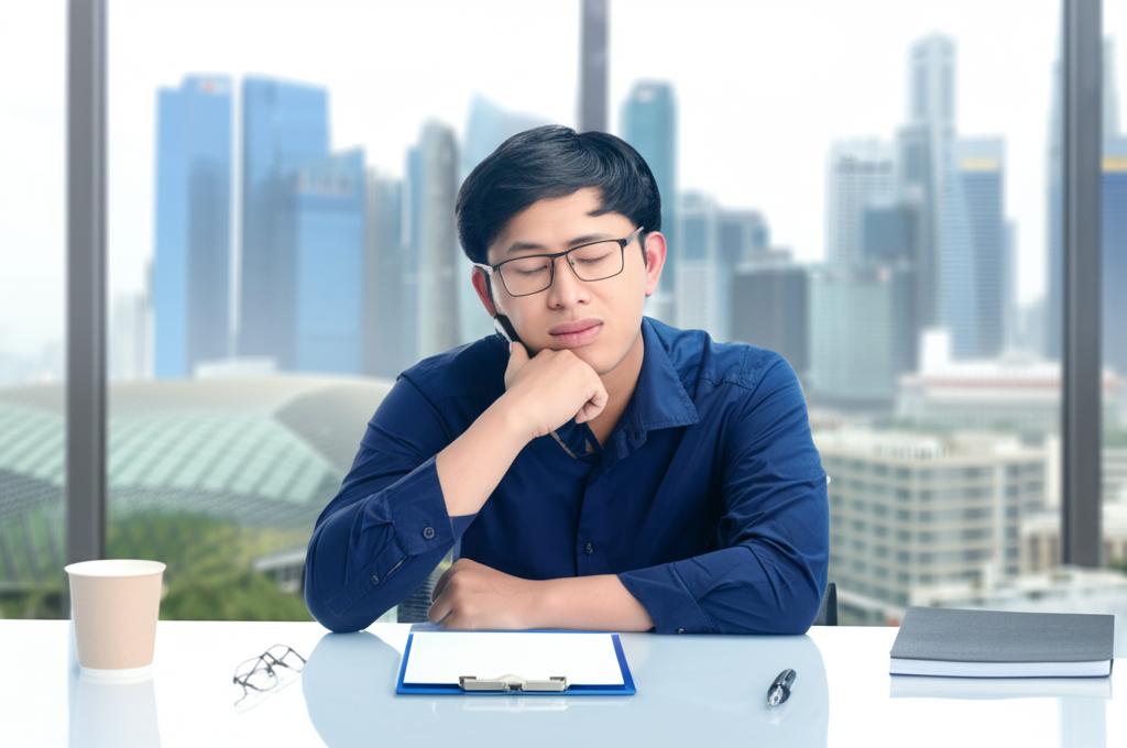 ai prompt: Exhausted office worker in Singapore looking tired at desk, blurred background of cityscape, realistic photo