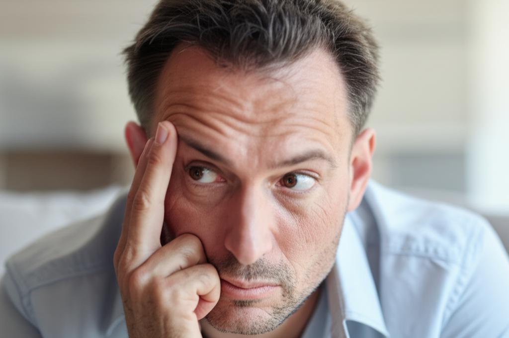 A man looking thoughtfully into the distance, perhaps feeling a sense of worry or frustration about his energy levels and intimacy