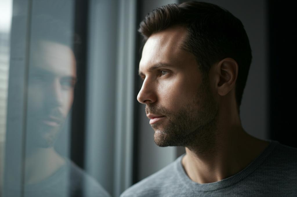 AI prompt: Realistic photo of a thoughtful man looking out a window, contemplating relationship challenges, soft light.