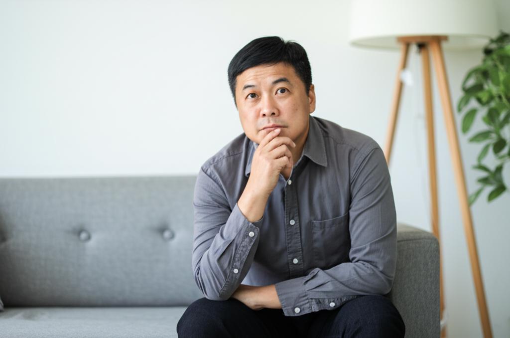 AI prompt: A thoughtful middle-aged Asian man sitting alone, looking slightly worried, in a modern living room setting, soft natural light, realistic photo quality