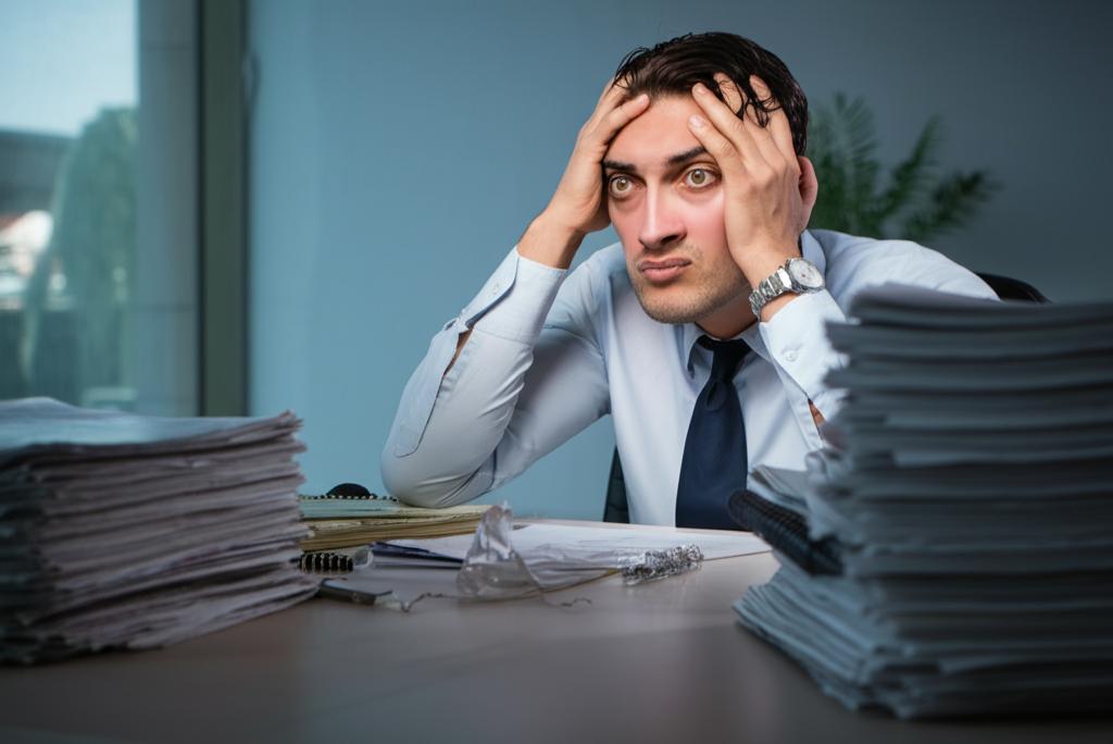 A stressed entrepreneur sitting at a desk piled high with paperwork, looking overwhelmed and exhausted. Generate an image that visually represents the feeling of being overwhelmed and burned out.