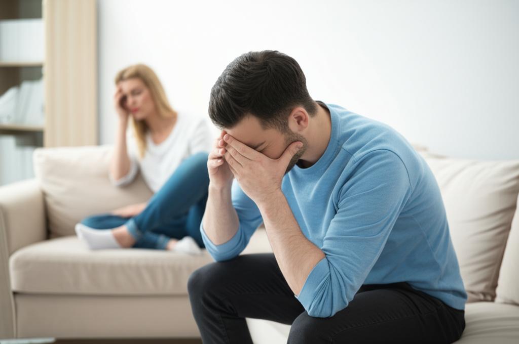 Man sitting on sofa looking stressed, partner looking concerned in the background, symbolizing stress affecting relationship