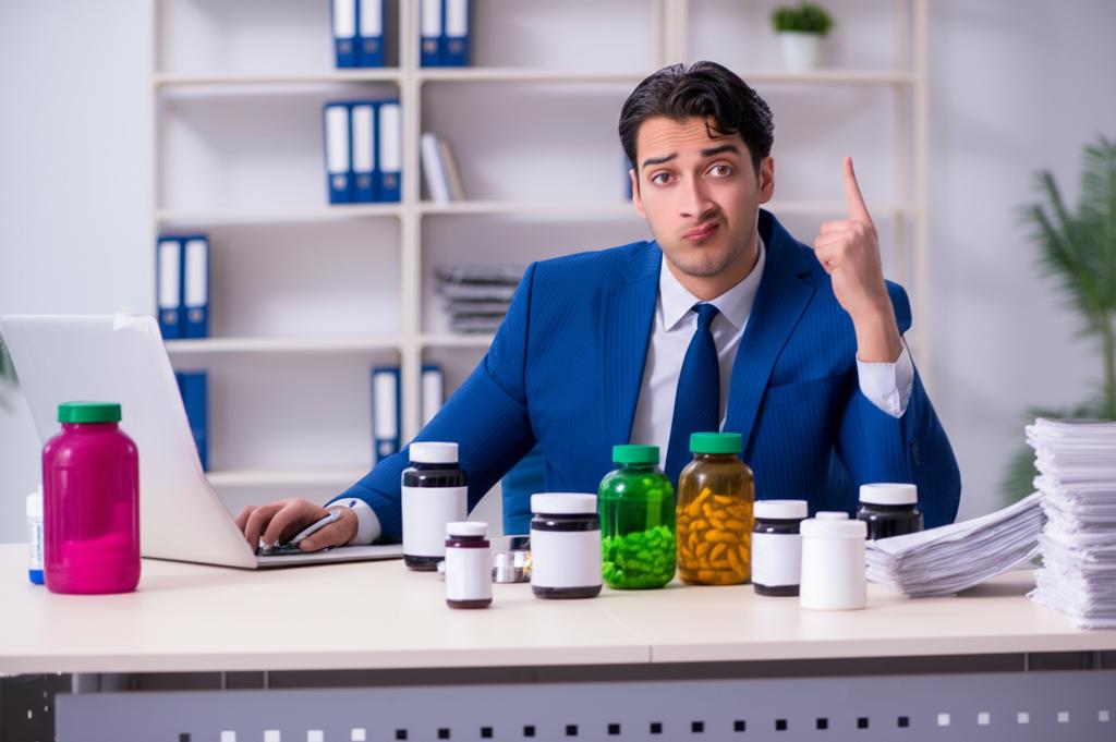 A tired-looking man in a suit, sitting at his desk late at night, surrounded by supplement bottles.