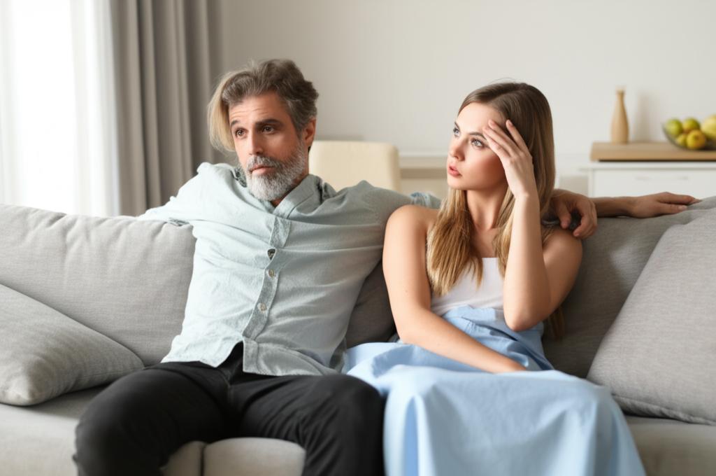 AI prompt: married couple sitting on the couch looking sad, loss of intimacy, muted colors