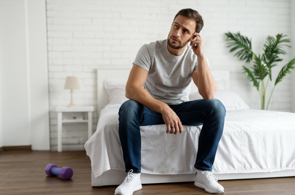 A tired man sitting on the edge of the bed after exercise, looking worried.