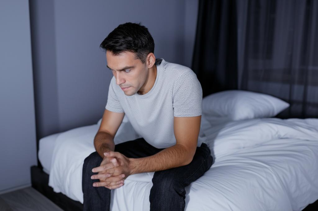 Worried man sitting on the edge of the bed, looking stressed, bedroom setting, low light.
