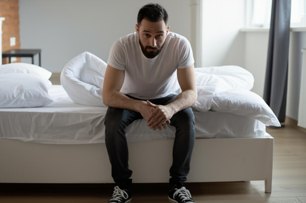 tired man sitting on the edge of the bed, feeling exhausted, morning light