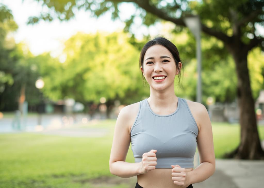 A smiling and energetic young professional in Singapore, looking healthy and vibrant, exercising outdoors in a park. ai prompt: energetic young professional singapore healthy vibrant exercising outdoors park