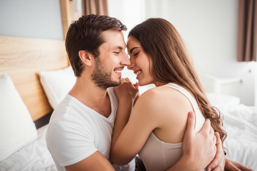 A happy couple embracing each other in a warmly lit bedroom, smiling and looking content.