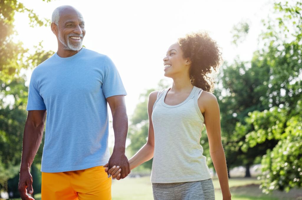 AI prompt: A man and woman smiling and walking hand-in-hand in a park during the daytime, looking happy and energetic. Represents improved relationship and vitality.