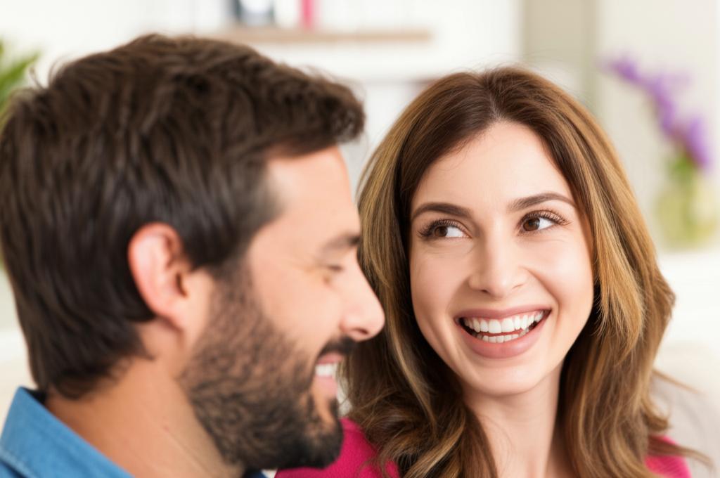 A man looking happier and more relaxed, sharing a positive moment with his partner, warm lighting, candid photography style