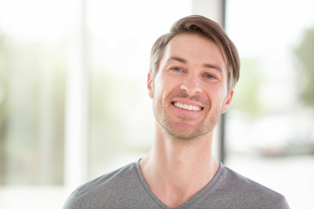 A man smiling confidently and looking energetic in a bright, positive setting, representing improved vitality and mood.