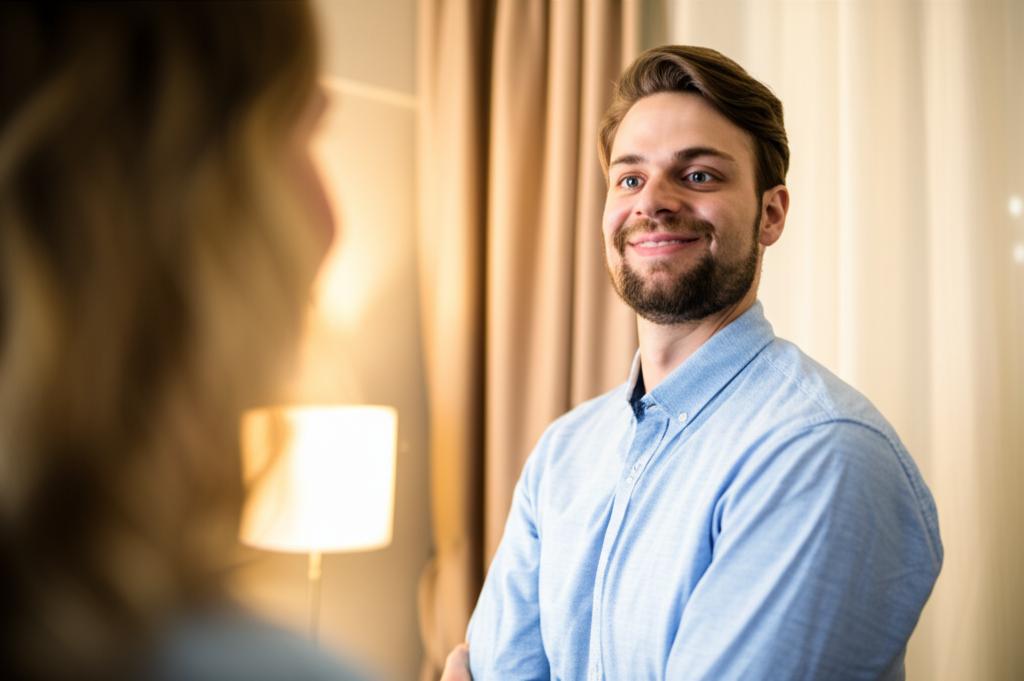 A man looking relieved and confident, standing with his partner in a warm, intimate setting, suggesting improved relationship and self-esteem.