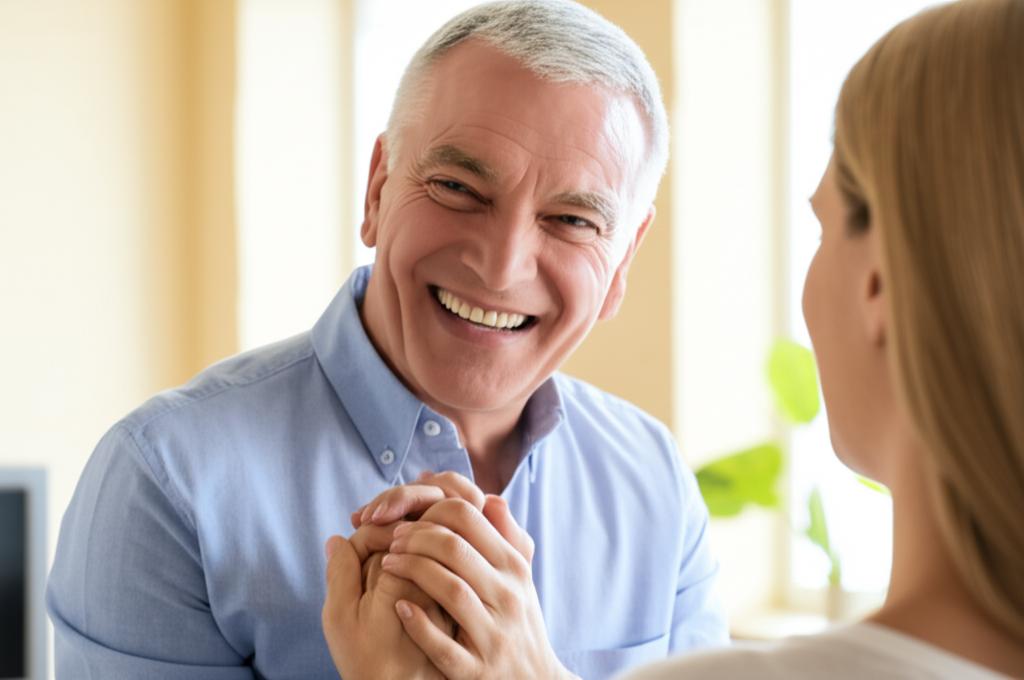 Middle-aged man smiling confidently, holding hands with his partner, in a warm and happy setting