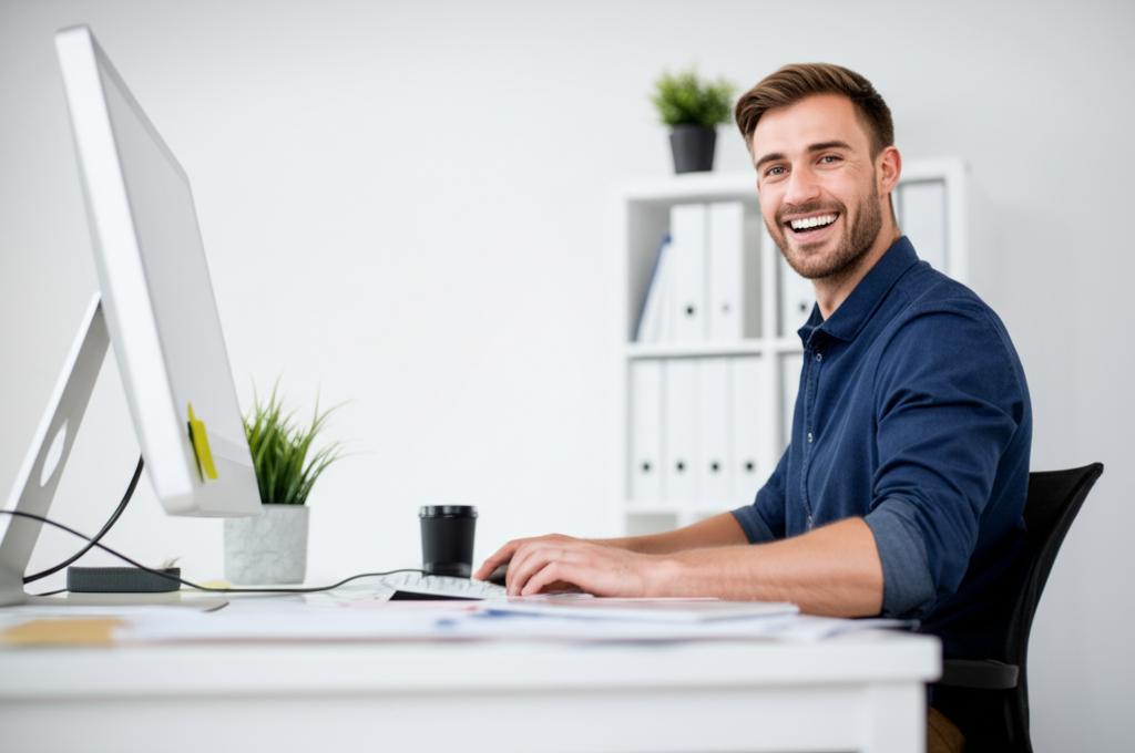 ai prompt: energetic male office worker smiling and productive at his desk, feeling revitalized, realistic photo