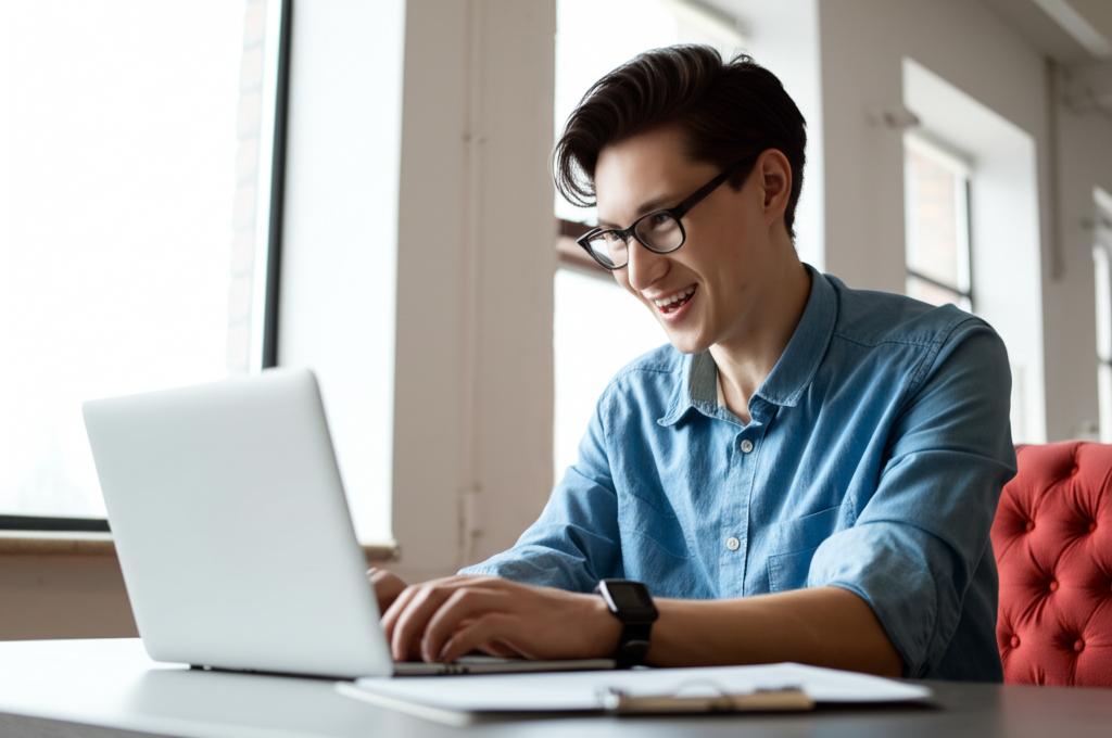 AI prompt: A young man with glasses, looking energetic and smiling, working confidently on a laptop in a bright, modern office. He looks alert and focused.