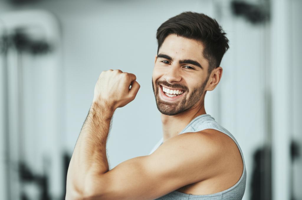 man looking energetic and happy after a workout, feeling revitalized and strong, realistic photo