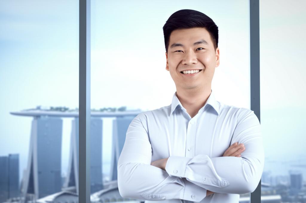ai prompt: smiling confident man in office attire, looking energetic, bright modern office background, singapore skyline through window