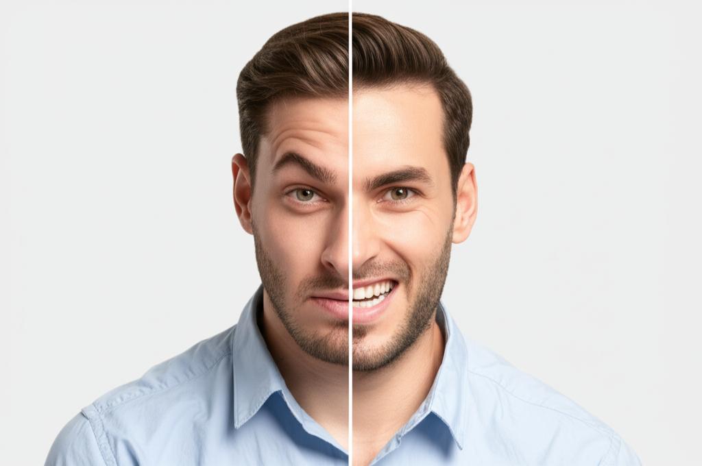 AI prompt: Split image showing a man looking stressed on one side and the same man looking confident and happy on the other side, symbolizing transformation.