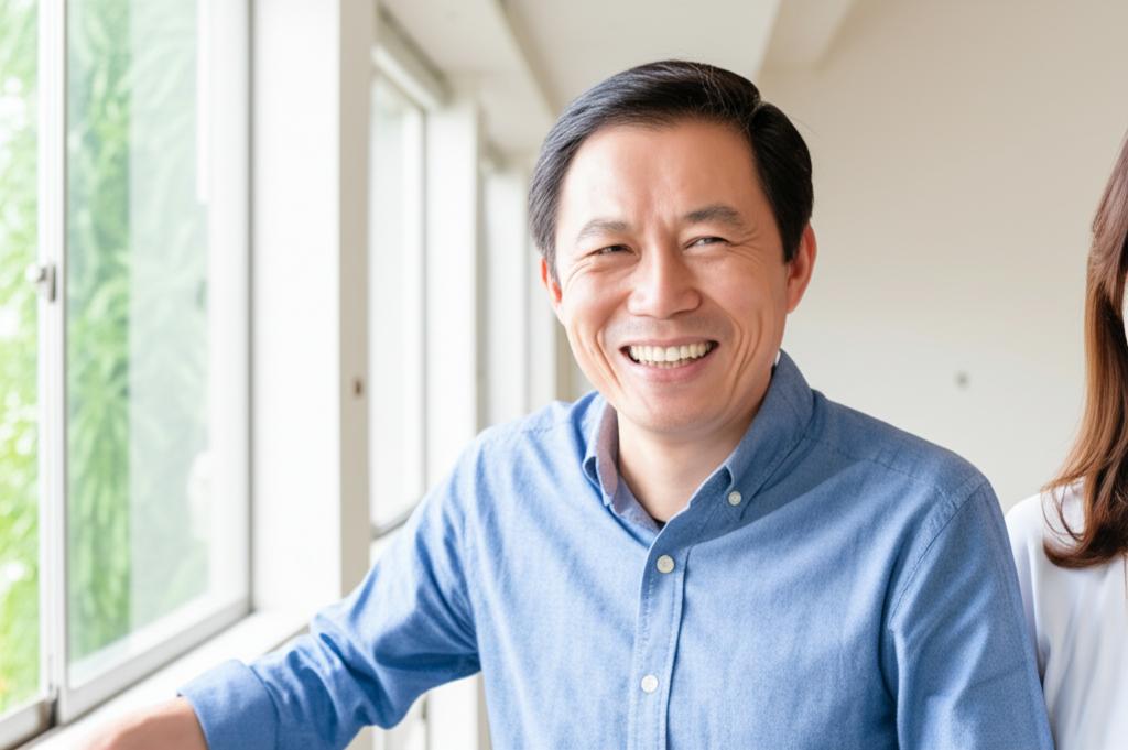 AI prompt: A confident and happy middle-aged Asian man smiling warmly, perhaps with his arm around a woman, in a bright, inviting setting, realistic photo quality