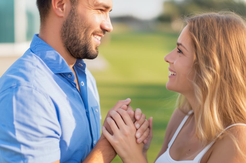 happy couple holding hands, looking relaxed and connected