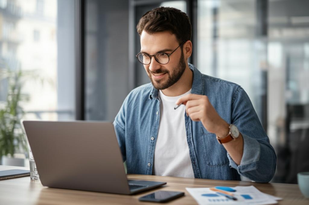 John, a tech entrepreneur, now looking energized and confident, working on his laptop in a bright, modern office. Generate an image that shows a person radiating energy and focus, working in a positive environment.