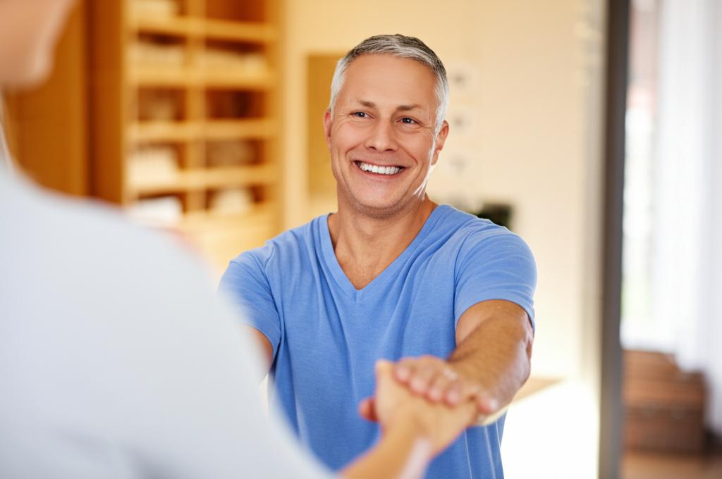 Man smiling confidently, holding hands with partner, warm lighting, symbolizing regained intimacy and happiness