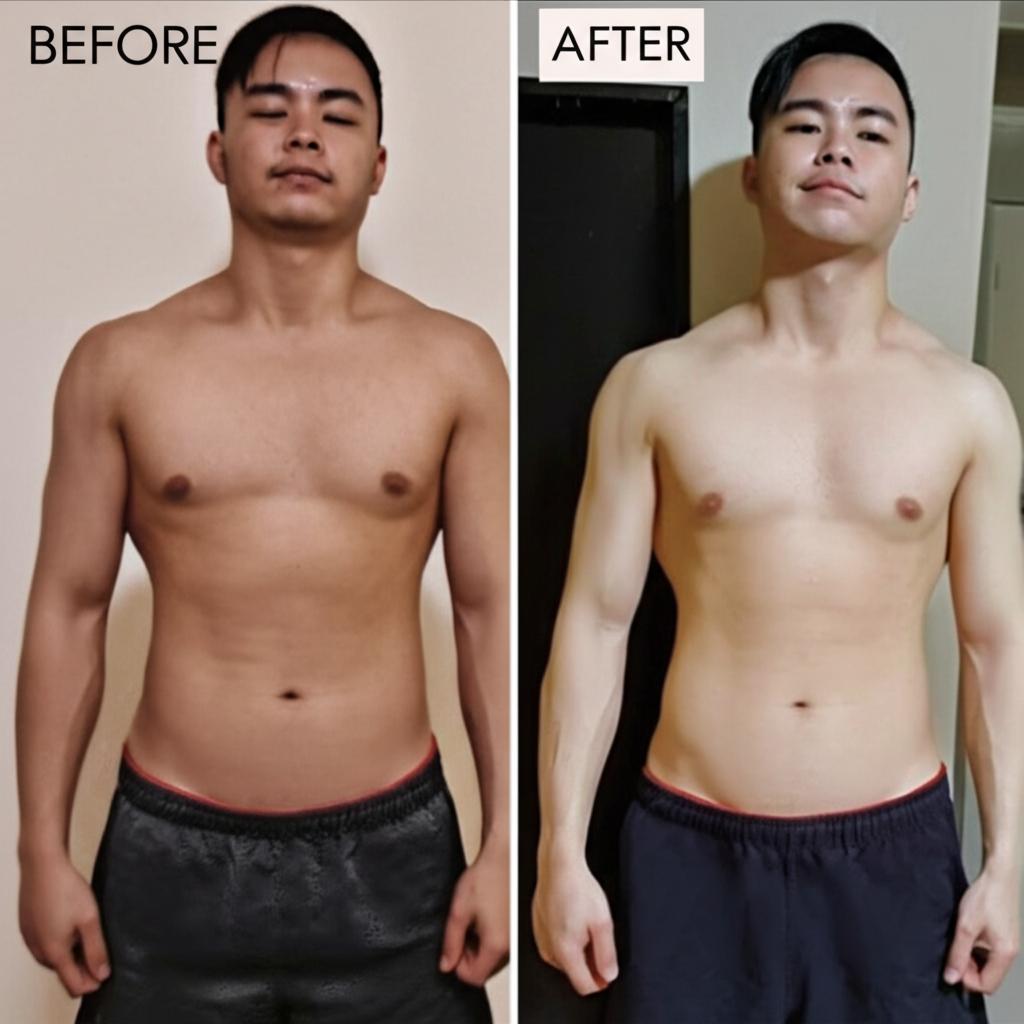 AI prompt: before and after transformation of a fit man, before picture showing exhaustion, after picture showing energy and vitality, side-by-side comparison