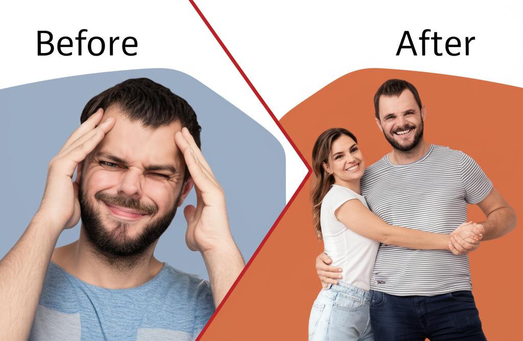 A before-and-after photo of Mark. Before: Tired and stressed. After: Energetic and smiling, holding hands with his wife.