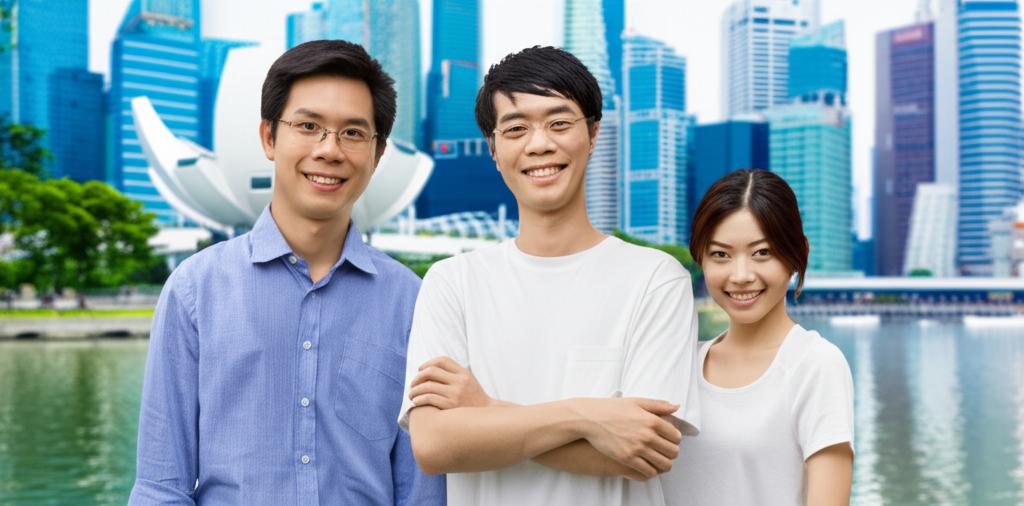 a happy and healthy programmer smiling, standing next to his wife, both looking energetic and vibrant, Singapore skyline in the background