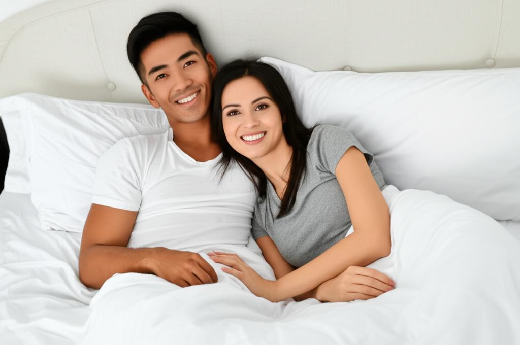 A happy couple cuddling in bed, smiling.