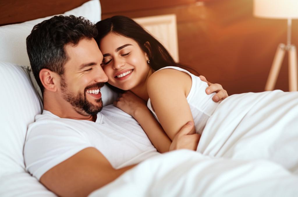 Happy couple embracing in bed, smiling, relaxed atmosphere, warm lighting.