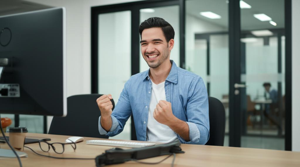 man smiling and feeling energetic, working at his desk, Singapore office