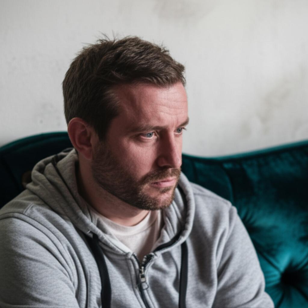 A man looking stressed and tired, sitting on a couch, perhaps with a distant expression, representing the feeling of weakness.