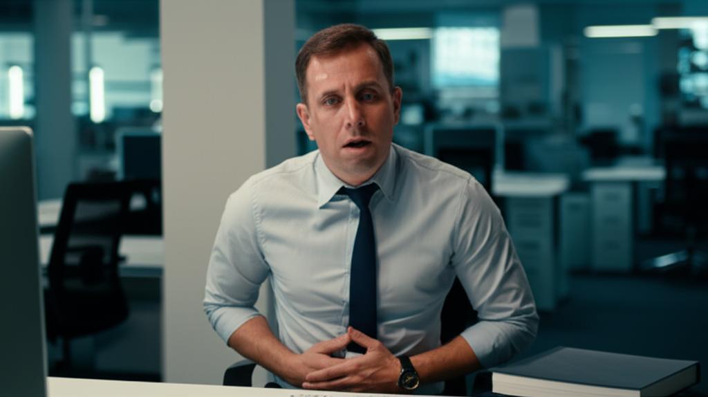 AI prompt: A tired-looking man in office attire sitting at a desk, holding his lower abdomen, with a slightly worried expression, in a modern Singapore office setting, realistic photography