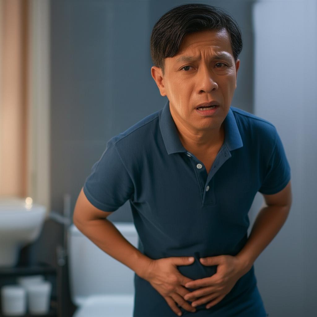 AI prompt: A middle-aged Asian man in Singapore looking concerned while holding his lower abdomen, with blurry background of a bathroom or bedroom at night.